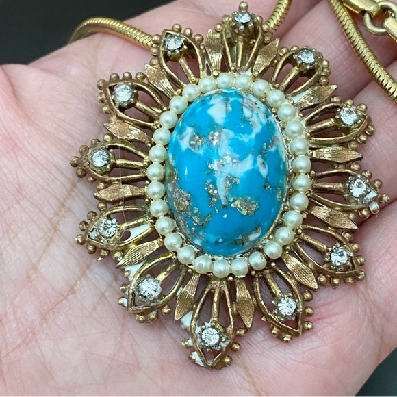 Vintage Cabochon Pearl Rhinestones Sunburst Pendant Round Snake Chain Necklace - Picture 7 of 12